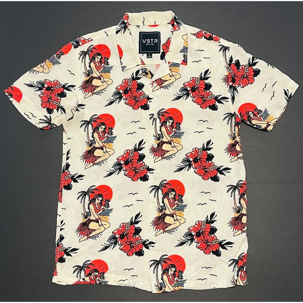 VSTR Mens Hula‎ Girl Hibiscus Rayon Camp Shirt Small Cream Red Tropical Aloha